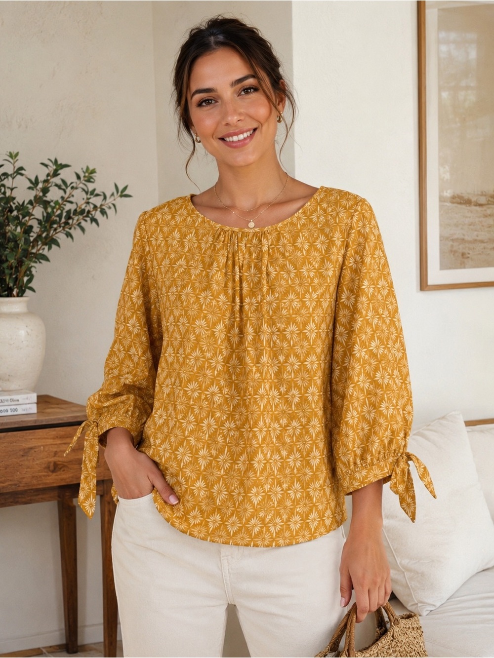 Christopher & Banks women Mustard Floral Tie-Sleeve Blouse Size Medium light new